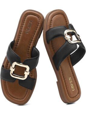 Women's Black 1 Square Toe Flat Sandals Slides Dressy Comfortable for Beach